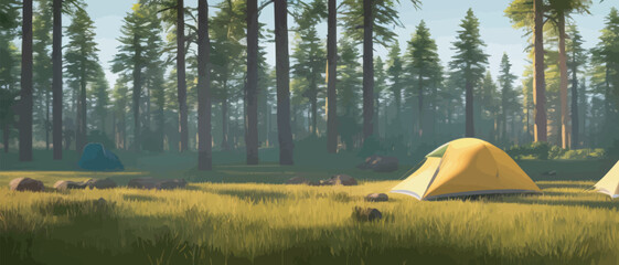 Tourist summer camping with tents vector illustration banner. Camping area in a clearing in a nordic forest in a spruce forest with sun rays. Tourism in nature. - obrazy, fototapety, plakaty