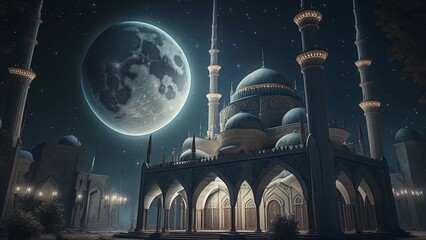 Night sky with Moon on a mosque at night 