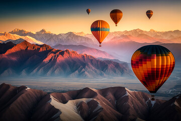 Colorful hot air balloons flying over mountains. Generative AI