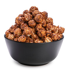Chocolate Popcorn in bowl on white background, Chocolate Mushroom Popcorn isolate on white with clipping path.