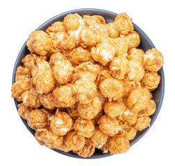 Top view Popcorn in bowl on white background, Caramel Mushroom Popcorn isolate on white PNG File.