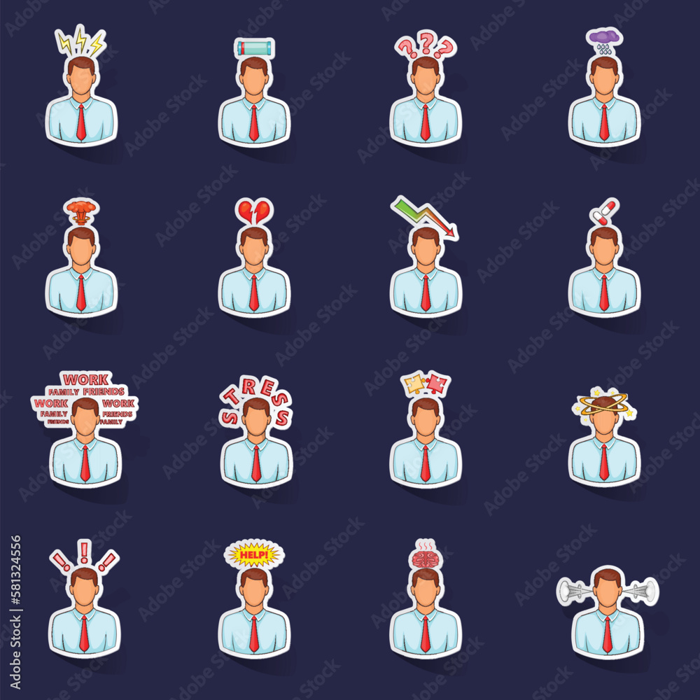 Wall mural Stress icons set stikers collection vector with shadow on purple background - Wall murals