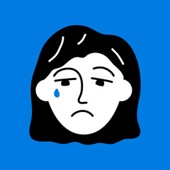Crying girl avatar. Upset schoolgirl face portrait with negative facial expression hand drawn doodle sketch vector illustration