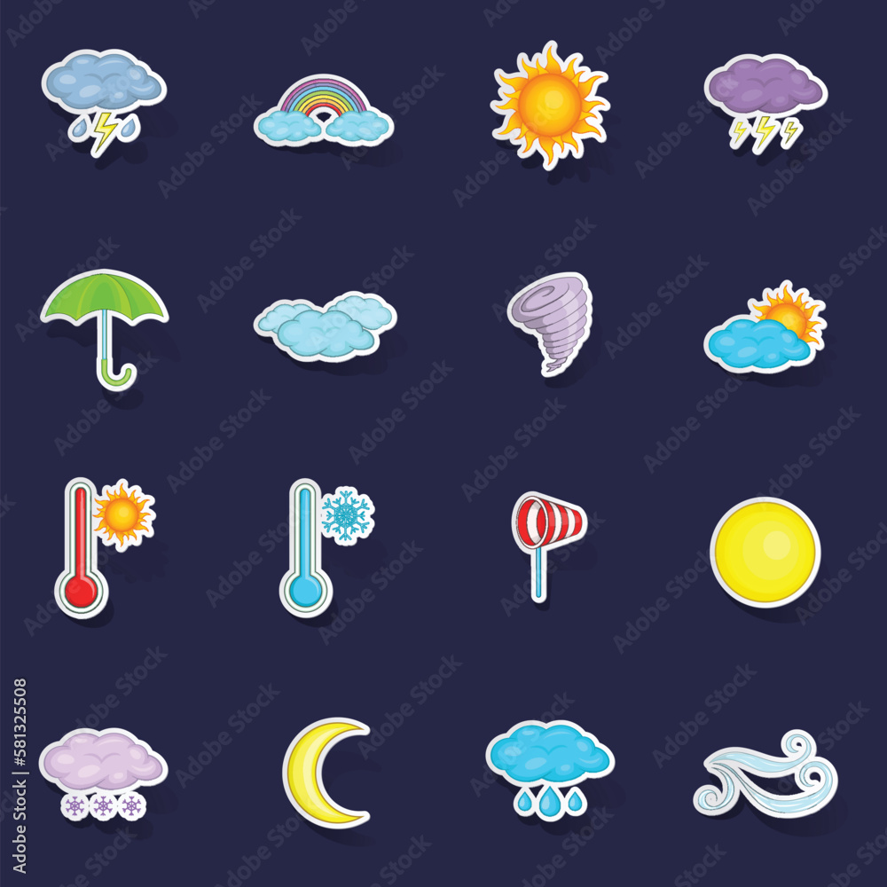 Wall mural Weather icons set stikers collection vector with shadow on purple background - Wall murals