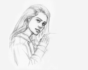 sketch of a girl pencil drawing for card illustration background 