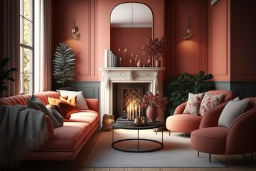 Cozy classic peach and red beautiful living room with fireplace, AI generated