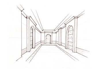 sketch of corridor pen drawing for illustration background study