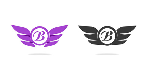 Letter logo b double wing modern design vector, luxury abstract black white and purple creative logotype template graphic, royal bird power or eagle defense emblem stamp image