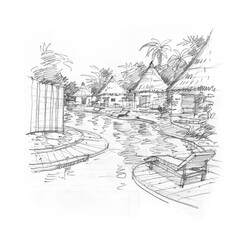 drawing of houses in resort pencil drawing for illustration background card