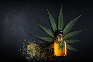 Top view of Marijuana Leaf, Cannabis Oil and Painkiller. Photo generative AI