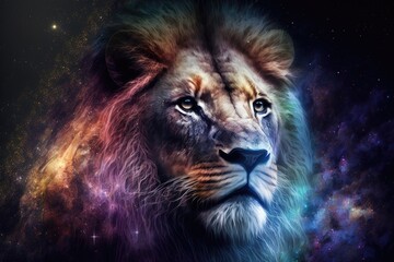 Majestic lion face blends with the colorful universe. Generative AI