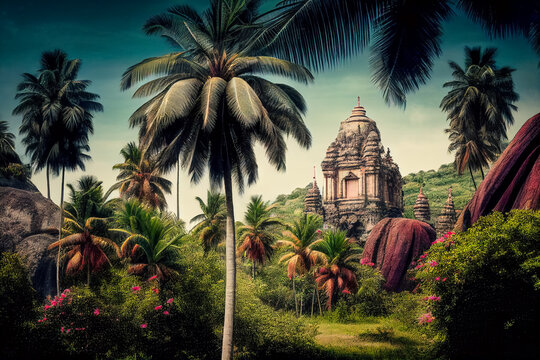 Illustration of Hindu temple in a village between palm trees, AI generated image	