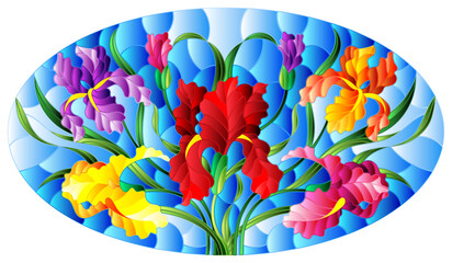 Illustration in stained glass style with  bouquet of irises, flowers, buds and leaves on blue background, oval image © Zagory