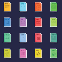 File extension icons set stikers collection vector with shadow on purple background