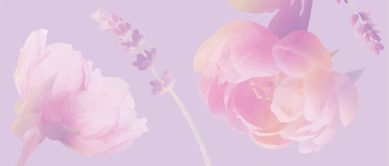Purple background with gentle pink peony and lavender flowers, stock illustration