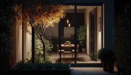 Obraz premium Modern terrace at night which is the perfect location for evening wine