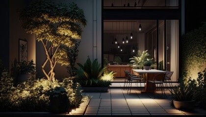 Fototapeta premium Modern terrace at night which is the perfect location for evening wine