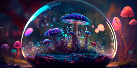 Journey to a magical country with colored mushrooms and crystals.Generative AI