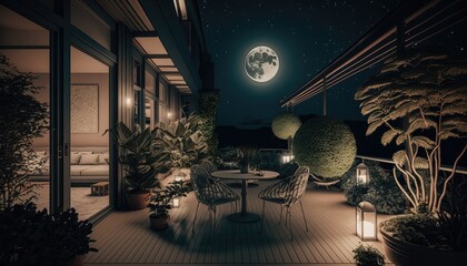 Modern terrace at night which is the perfect location for evening wine