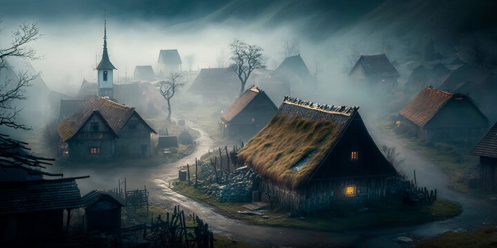 A forgotten mystical village engulfed in fog.Generative AI