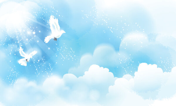 holy white bird couple in the blue healing cloud sky with bright shining sun