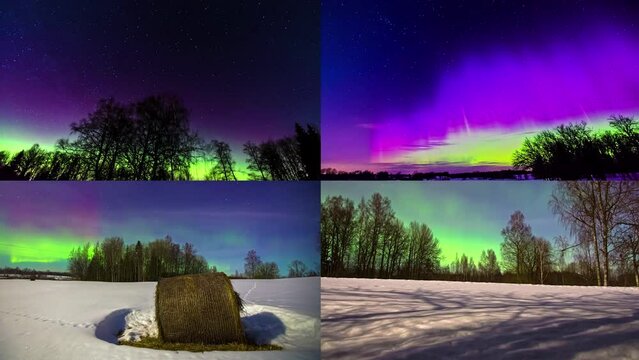 Four split screen winter nighttime time lapses featuring the aurora borealis or northern lights