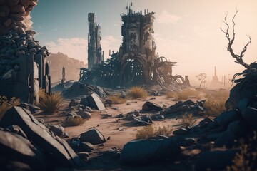 Explore the Intricate Details of an Insane Post-Apocalyptic Wasteland in Unreal Engine 5 with Stunningly Beautiful Landscapes & Sky Views , Generative ai - obrazy, fototapety, plakaty
