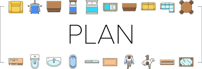 Obraz premium floor plan interior furniture icons set vector