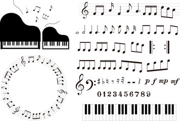 音符、休符、音楽記号のイラストセット　五線譜のフレームイラスト　ピアノ　鍵盤