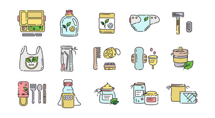 Set of zero waste reusable and biodegradable products - bottle, cutlery, stainless straw, shopping bag, menstruation cup and pad, eco cosmetics, sponge, razor, sponge. Eco friendly personal vector.