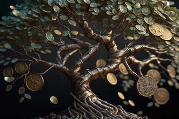 a money tree with coins on the branches, representing financial growth and abundance