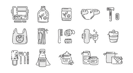 Zero waste black line icons set - food cutlery and utensils, chopsticks, drink bottle and cup, glass jar, diaper, bathroom loofah and sponge, menstruation cup, eco bags, lunch boxes and containers.