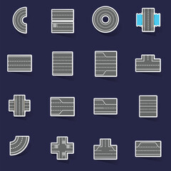 Road elements constructor icons set stikers collection vector with shadow on purple background