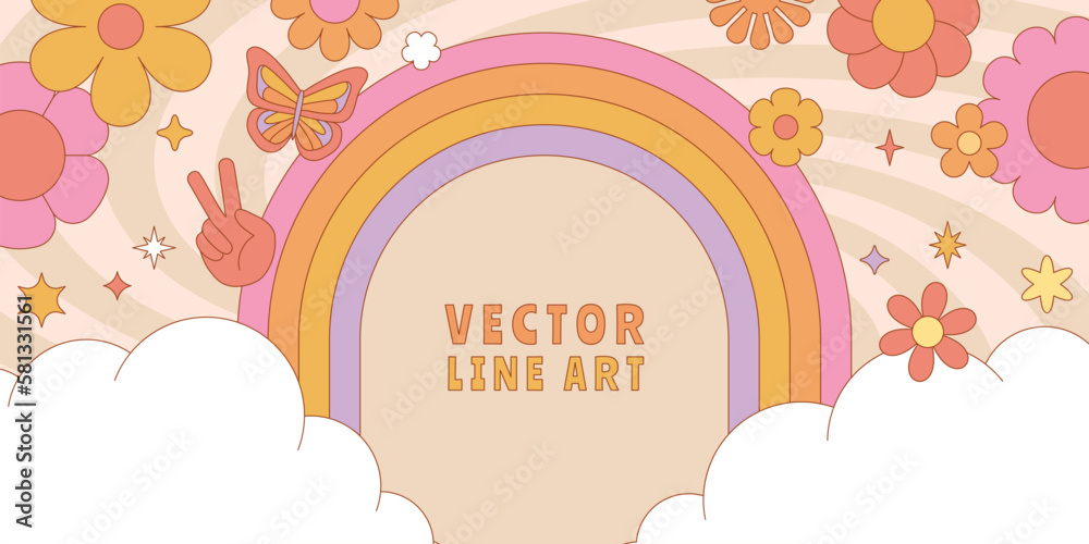 Aufkleber Vector horizontal banner with copy space for text - design elements and shapes for abstract backgrounds and modern art - hippie groovy vibes with flowers and waves