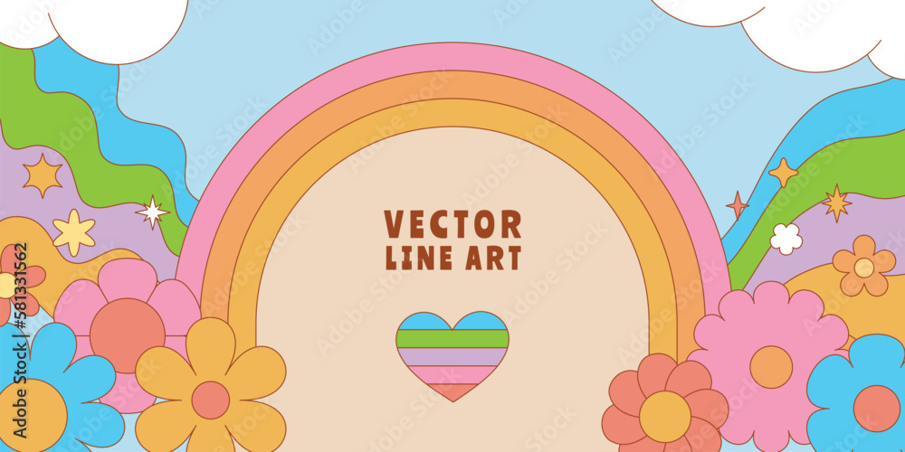 Aufkleber Vector horizontal banner with copy space for text - design elements and shapes for abstract backgrounds and modern art - hippie groovy vibes with flowers and waves