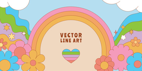 Vector horizontal banner with copy space for text - design elements and shapes for abstract backgrounds and modern art - hippie groovy vibes with flowers and waves
