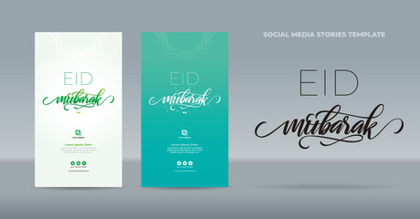 Handwritten Eid Mubarak greetings on blue green and light green and mandala ornament background - Flat design template for stories social media post