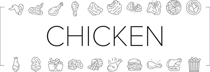 chicken crispy food meat meal icons set vector