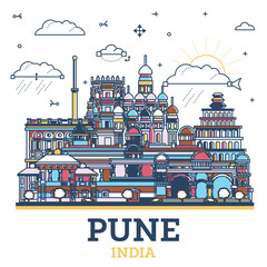 Outline Pune India City Skyline with Colored Historic Buildings Isolated on White. Pune Maharashtra Cityscape with Landmarks.