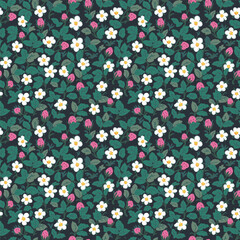Seamless floral ornamental pattern. Strawberries with fruits and flowers on a dark background. Vector illustration.