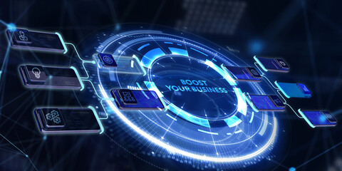 Business, Technology, Internet and network concept. Young businessman shows the word: Boost your business. 3d illustration