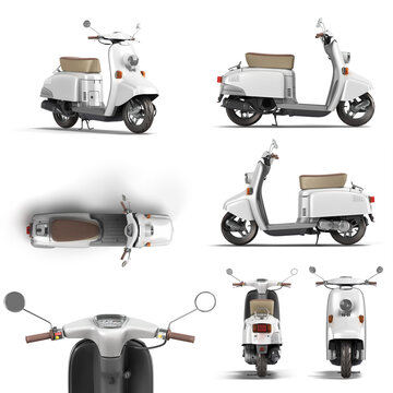 Set of white retro vintage scooter personal transport for busines view 3d render on white