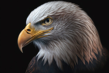 Fototapeta premium Realistic portrait of an white head eagle on a black background. Close up.Ai generative