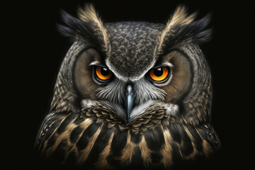 realistic portrait of an owl on a black background. Close up.Ai generative