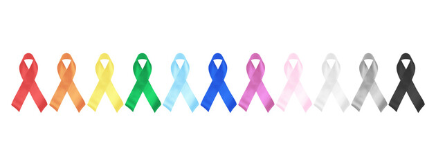 Colorful awareness ribbons on white background. World cancer day concept, February 4. Healthcare...