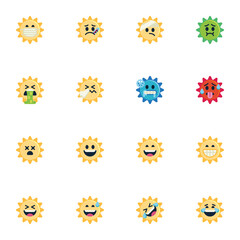 Sun emoji collection, flat icons set