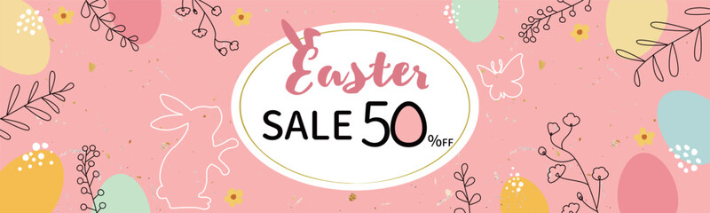 Happy Easter Sale banner. Trendy Easter design with eggs, rabbit, flowers and plants in pastel colors. Modern minimal style. Horizontal poster, greeting card, header for website