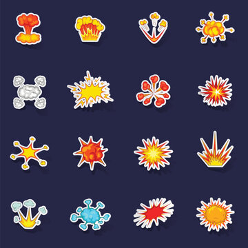 Explosion icons set stikers collection vector with shadow on purple background
