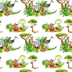 Cartoon animals watercolor seamless pattern isolated on white. Summer leisure activities animals, platypus, emu, buffalo hand drawn. Design element for print, wallpaper, textile, childish background
