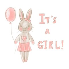 Cute girl baby bunny with text it's a girl with pink balloons. Childish print for apparel, nursery, cards, posters